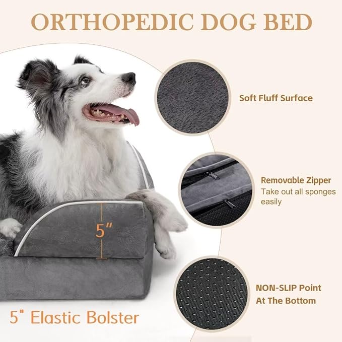 Comfort Expression Cooling Dog Bed, Memory Foam Orthopedic Dogs Beds for Extra Large Dogs, XL Dog Bed with Removable Cover, Waterproof Pet Beds Large with Bolster(X-Large,Leaden Grey)