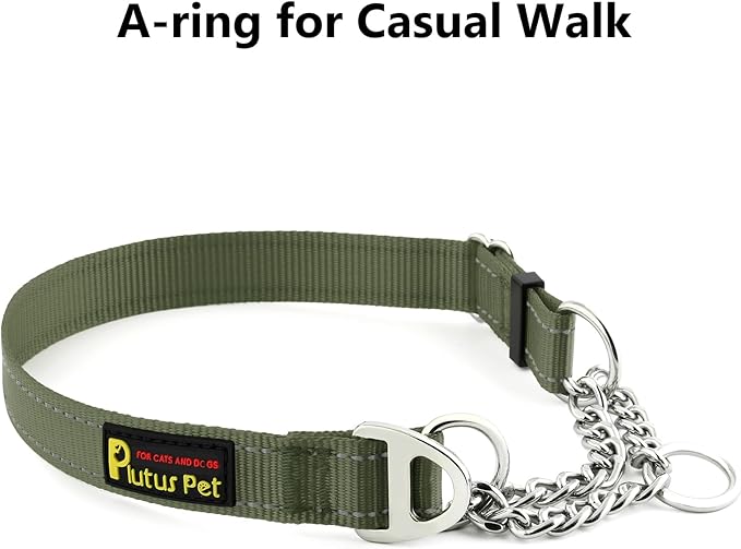 Plutus Pet Martingale Dog Collar with Stainless Steel Chain and Reflective Nylon, Adjustable No Pull Training Collar, for Small Medium, and Large Dogs, Ranger Green, L