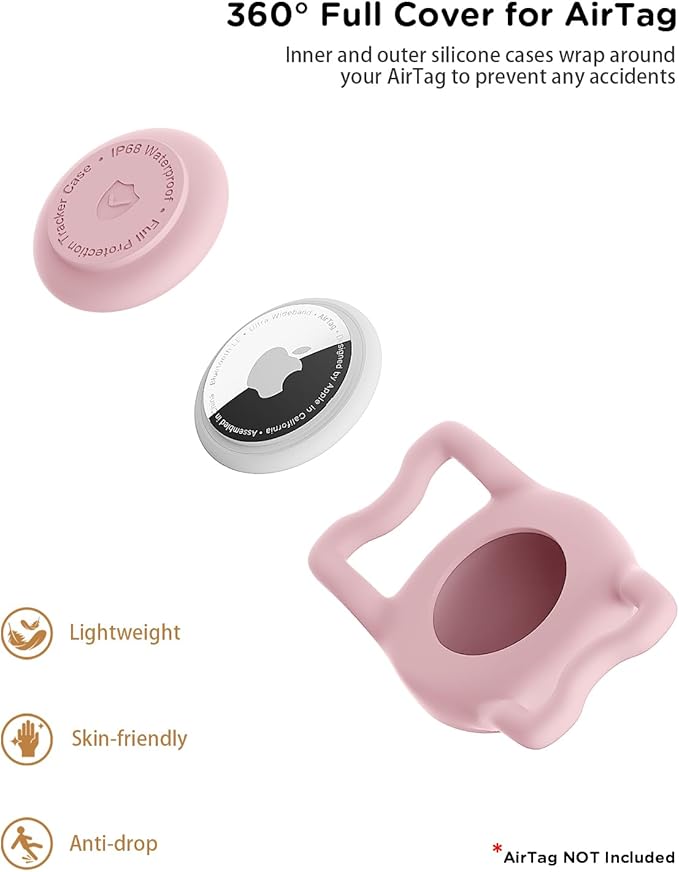 IP68 Waterpoof Dog Airtag Holder, Stretchy Silicone Full Body Covered Apple Air Tag Holder for Dog Cat Collar Fit All Width Collar (Blue/Pink, 2 Pack)