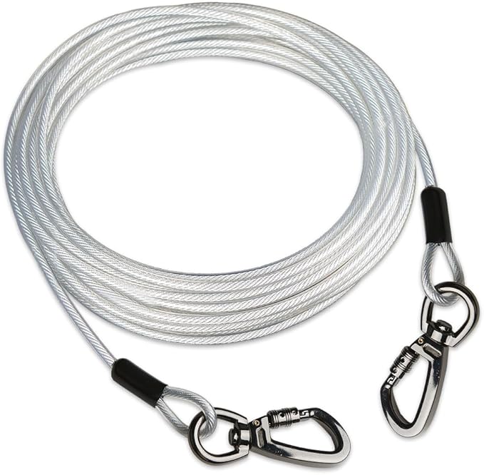 Dog Tie Out Cable, 50FT, White, Suitable for Dogs up to 350 pounds, Lightweight, Non-Winding, for Outdoor Use