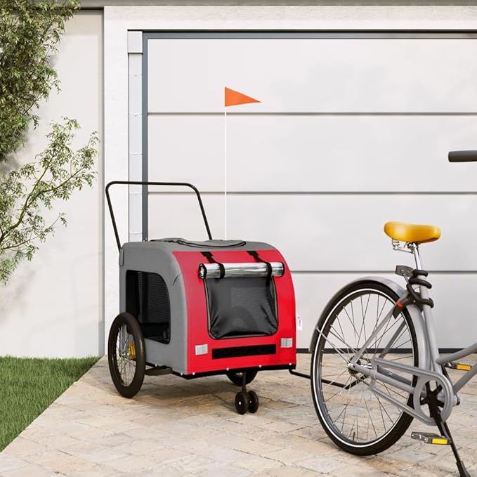 Tidyard Pet Bike Trailer Red and Gray Oxford Fabric and Iron Pet Bicycle Carrier, Animal Bike Stroller for Cat, Puppy, Dog, Outdoor, Travel Style A