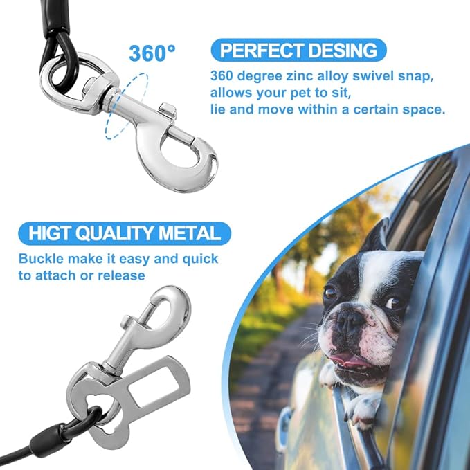 Dog Seat Belt Harness for Car,2pcs Dog Seatbelt of Coated Wire Leash Safety Restraint,No Chew Tether Cable Vehicle Dog Accessories,Double Clips & Latch (2 Pack Black, 24 inch/60 CM)