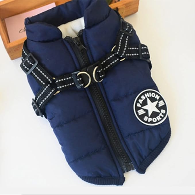 HDKUW Small Dog Jacket, Small Dog Coat Harness Winter Warm Vest Jacket Waterproof Cotton Costume for Puppy Small Dogs (2XL, Blue)