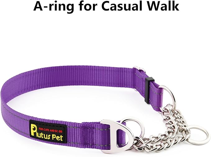 Plutus Pet Martingale Dog Collar with Stainless Steel Chain and Reflective Nylon, Adjustable No Pull Training Collar, for Small Medium, and Large Dogs, Purple, S