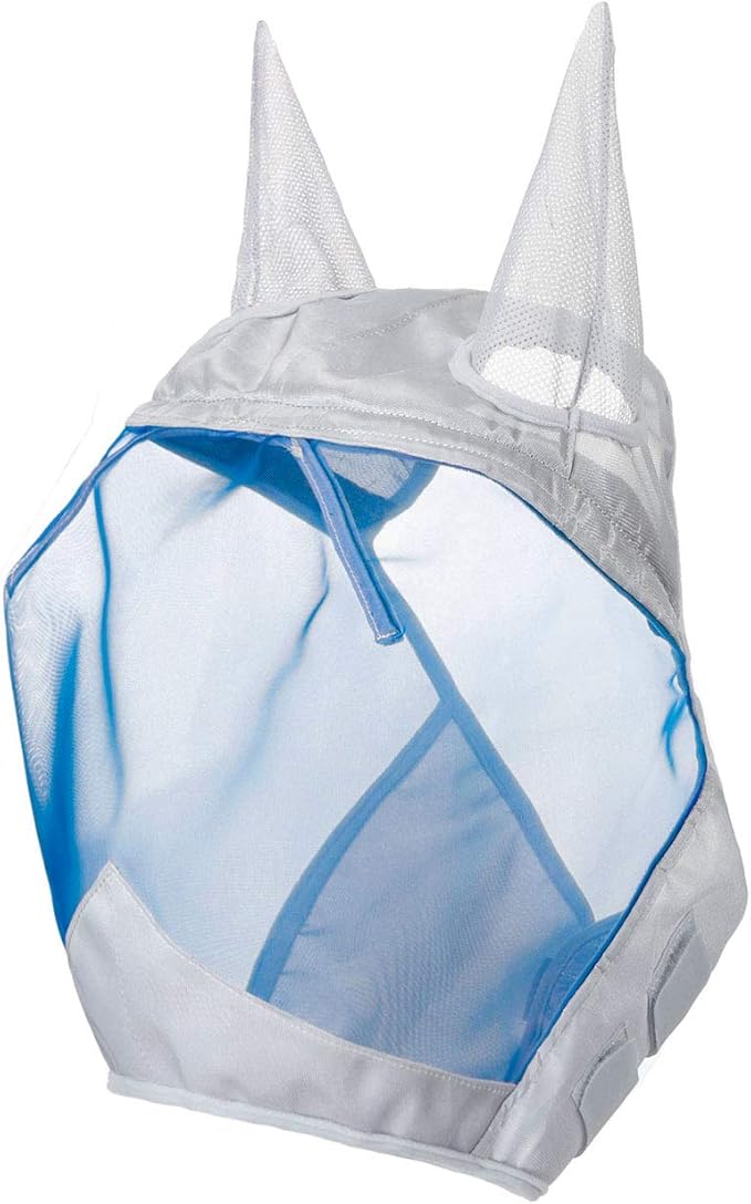 Harrison Howard CareMaster Horse Fly Mask Half Face with Ears Silver/Blue Retro Medium Cob