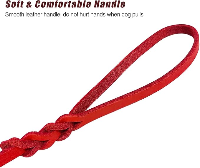 LWBMG Leather Dog Leash 8ftx1/2 inch, Heavy Duty Dog Leash, Strong and Sturdy Leather Braided Dog Leash, Soft and Comfortable Leather Leash for Medium Large Dogs Training and Walking Red