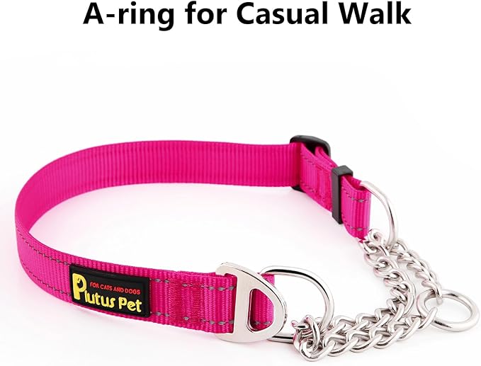 Plutus Pet Martingale Dog Collar with Stainless Steel Chain and Reflective Nylon, Adjustable No Pull Training Collar, for Small Medium, and Large Dogs, Hot Pink, S