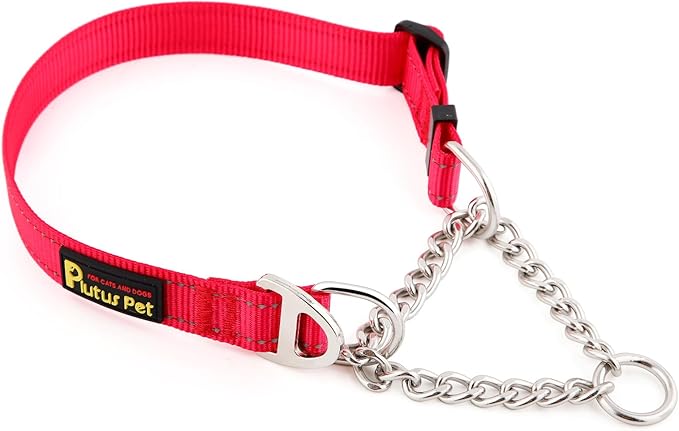 Plutus Pet Martingale Dog Collar with Stainless Steel Chain and Reflective Nylon, Adjustable No Pull Training Collar, for Small Medium, and Large Dogs, Red, S