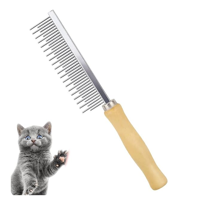 Dog Cat Grooming Comb with Wooden Handle Stainless Steel Teeth, Pet Grooming Supplies Accessories for Hairy Pets (Dual Teeth)