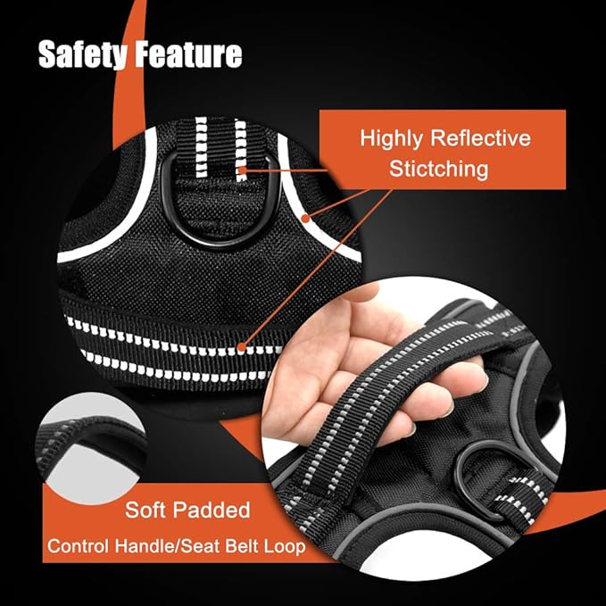 PHOEPET Reflective Dog Harness No Pull Large Breed Vest with 2 Metal Leash Attachment Hooks(L, Blue)