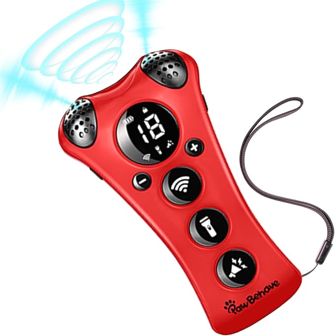 Adjustable Ultrasonic Dog Trainer–World's First Variable Frequency Pet Behavior Corrector with 10 Level Ultra Sound, 18 Dog Whistles, Anti-Bark Flashlight, Safe and Humane Deterrent (Red)