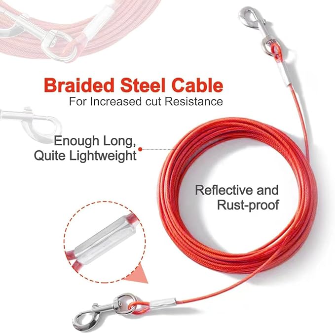 Tie Out Cable for Dogs,50FT Dog Leads,Heavy Duty Tie Out Cable for Large Dogs Up to 125lbs,Durable Dog Runner Tether Line for Outdoor,Yard