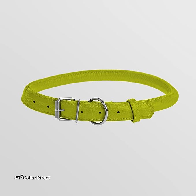 CollarDirect Rolled Leather Dog Collar, Soft Padded Round Puppy Collar, Handmade Genuine Leather Collar Dog Small Large Cat Collars 13 Colors (13-16 Inch, Lime Green Textured)