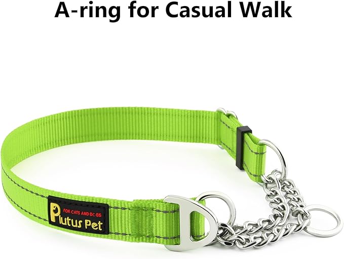 Plutus Pet Martingale Dog Collar with Stainless Steel Chain and Reflective Nylon, Adjustable No Pull Training Collar, for Small Medium, and Large Dogs, Lime Green, M