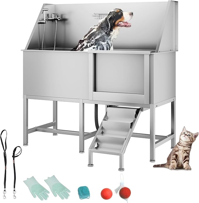 62" Professional Stainless Steel Dog Bathing Station, Large Dog Washing Station W/Dog Bath Brush, Washing Gloves, Floor Grate, Dog and Cat Bath Tub, Dog Washing Sink (62 Inch Right Door)