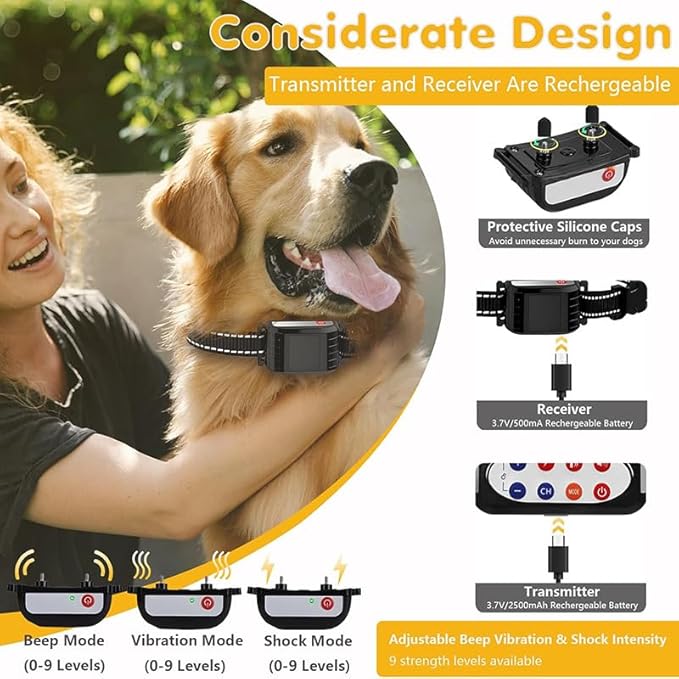 Wireless Dog Fence, 2024 Pet Boundary Containment System, Electric Dog Fence & Remote Training Collar 2in1, Adjustable Vibration & Shock, IP65 Waterproof Collar for Large and Medium Dogs ,for3dogs