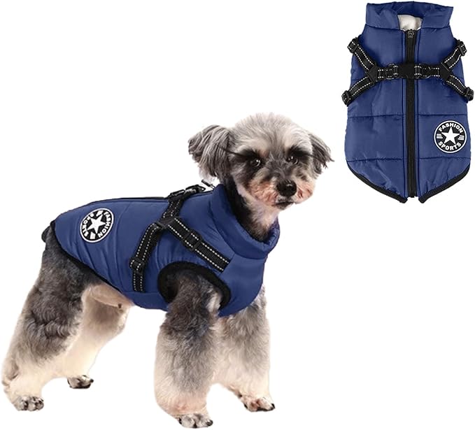 HDKUW Small Dog Jacket, Small Dog Coat Harness Winter Warm Vest Jacket Waterproof Cotton Costume for Puppy Small Dogs (2XL, Blue)