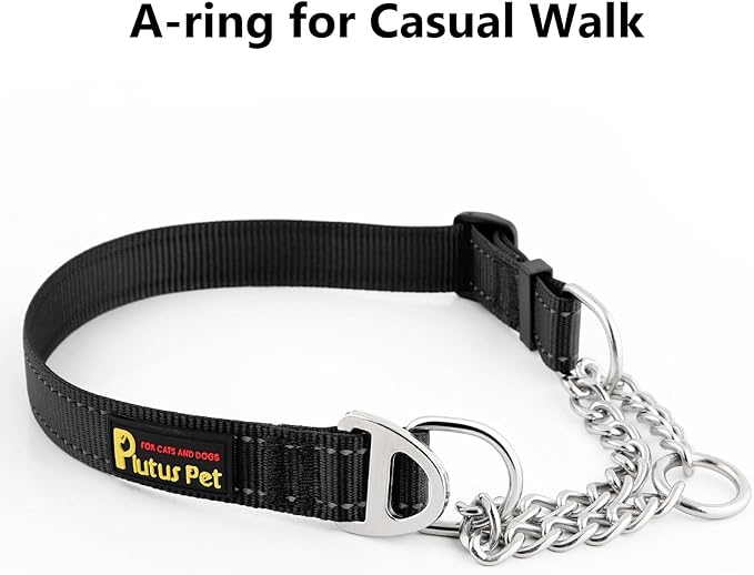 Plutus Pet Martingale Dog Collar with Stainless Steel Chain and Reflective Nylon, Adjustable No Pull Training Collar, for Small Medium, and Large Dogs, Black, S