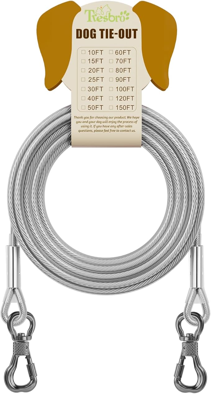 Tresbro 40FT Reflective Tie Out Cable for Dogs Up to 250 Pounds, Steel Wire Lead Leash Cable with Stainless Dual Fix Buckle, Lightweight and Enduring, Dog Chains Outside for Outdoor,Yard,Camping