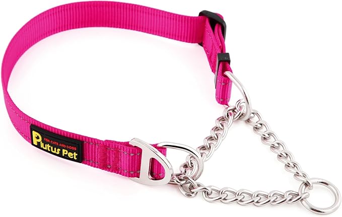 Plutus Pet Martingale Dog Collar with Stainless Steel Chain and Reflective Nylon, Adjustable No Pull Training Collar, for Small Medium, and Large Dogs, Hot Pink, S