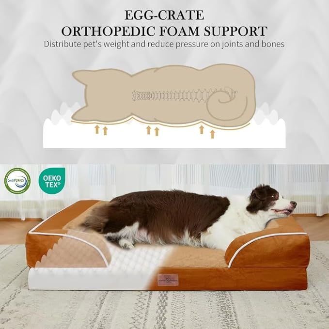Comfort Expression Large Dog Beds Orthopedic Foam, Waterproof Dog Beds for Large Sized Dogs, Comfy Washable Pet Bed Sofa with Removable Cover & Non-Slip Bottom(Caramel)