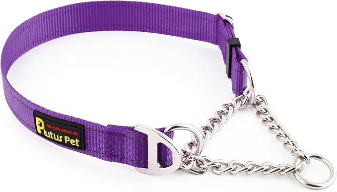 Plutus Pet Martingale Dog Collar with Stainless Steel Chain and Reflective Nylon, Adjustable No Pull Training Collar, for Small Medium, and Large Dogs, Purple, S