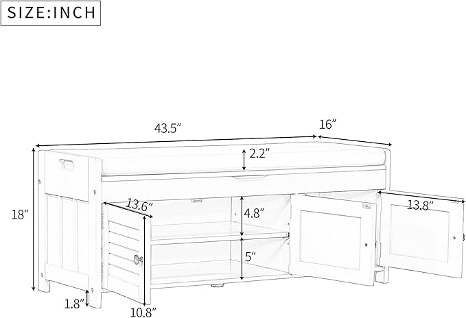 Shoe Storage Bench with 3 Shutter-Shaped Doors, Pine Wood Shoe Bench with Removable Cushion and Hidden Storage Space for Living Room, Entryway 43.5" L x 16" W x 18" H Espresso
