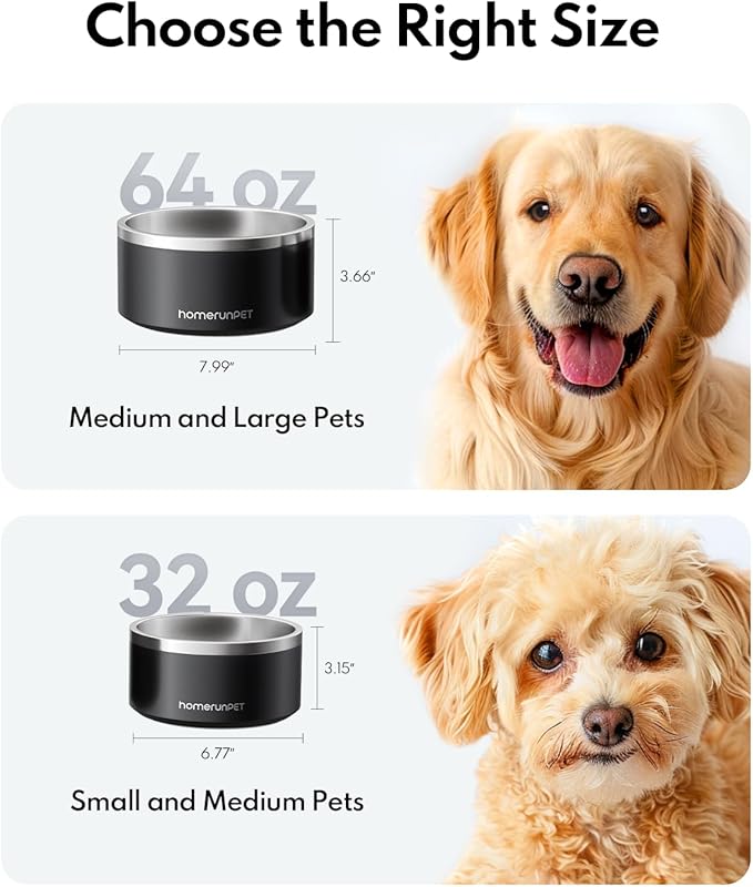 Homerunpet Double Wall Stainless Steel Dog Bowls, Non-Slip Base, Dishwasher Safe, Durable Pet Food & Water Bowl for Dogs & Cats(32oz, Black)