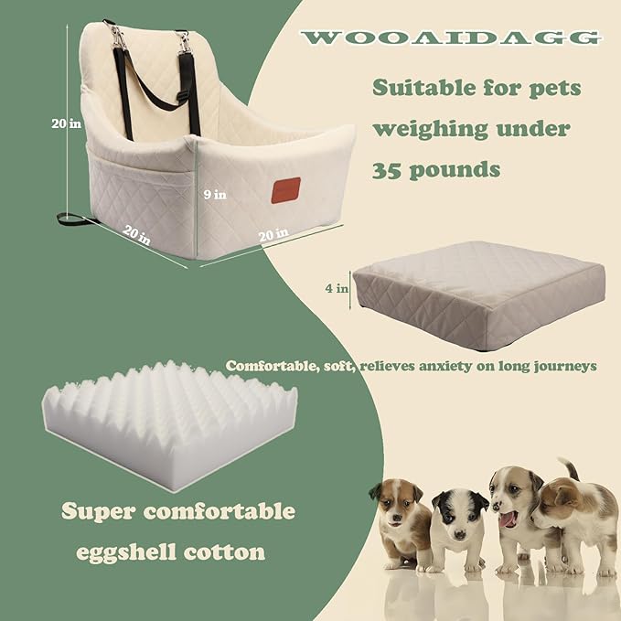 Dog Car Seat for Medium Sized Dog,Pet Travel Car Bed with Seat Belt Channle,Fully Detachable and Washable Car Dog Seat with Adjustable Straps,3 Straps Easy to Install (Beige)