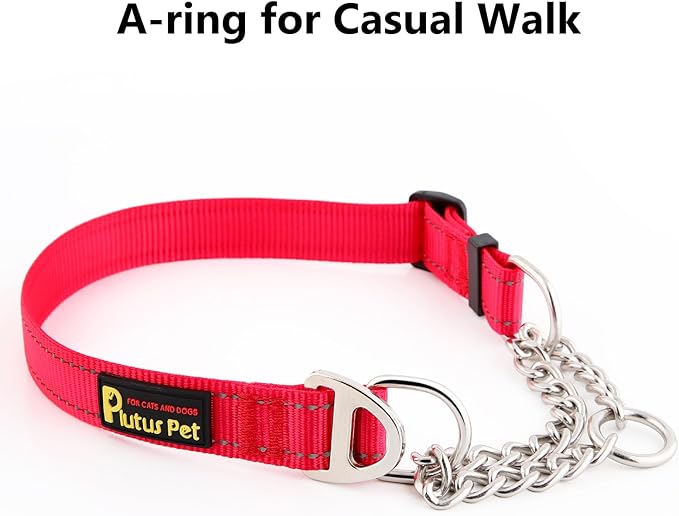 Plutus Pet Martingale Dog Collar with Stainless Steel Chain and Reflective Nylon, Adjustable No Pull Training Collar, for Small Medium, and Large Dogs, Red, L