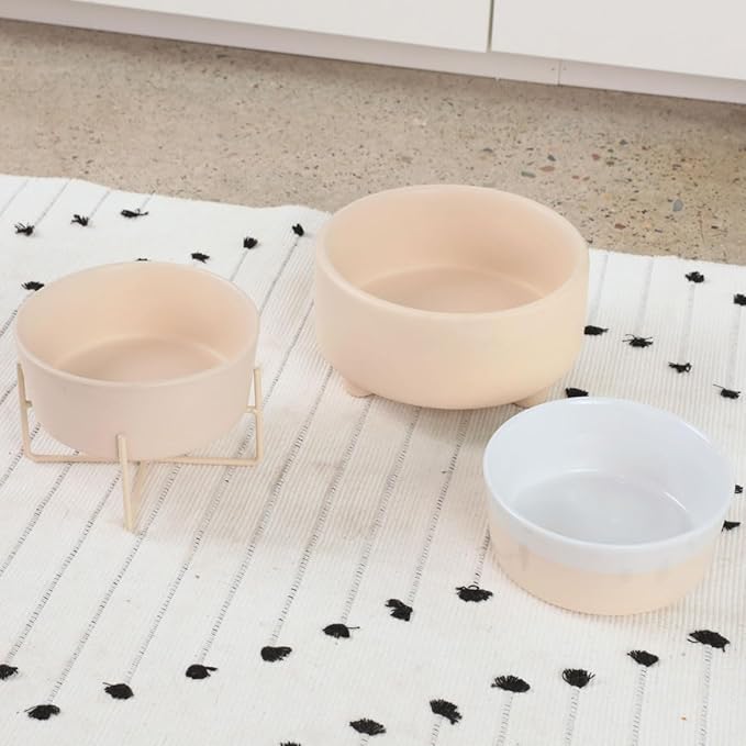 Waggo Dipper Ceramic Dog Bowl for Small and Large Breeds - Heavyweight and Durable Pet Food and Water Dish Crock, Dishwasher Safe, Modern (Small, Buttercream)