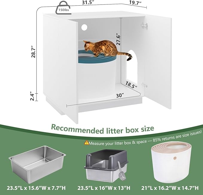 Large/Tall Litter Box Enclosure, Modern Wooden Litter Box Furniture for XL Litterbox with Hidden Storage as Sideboard Cabinet (White)