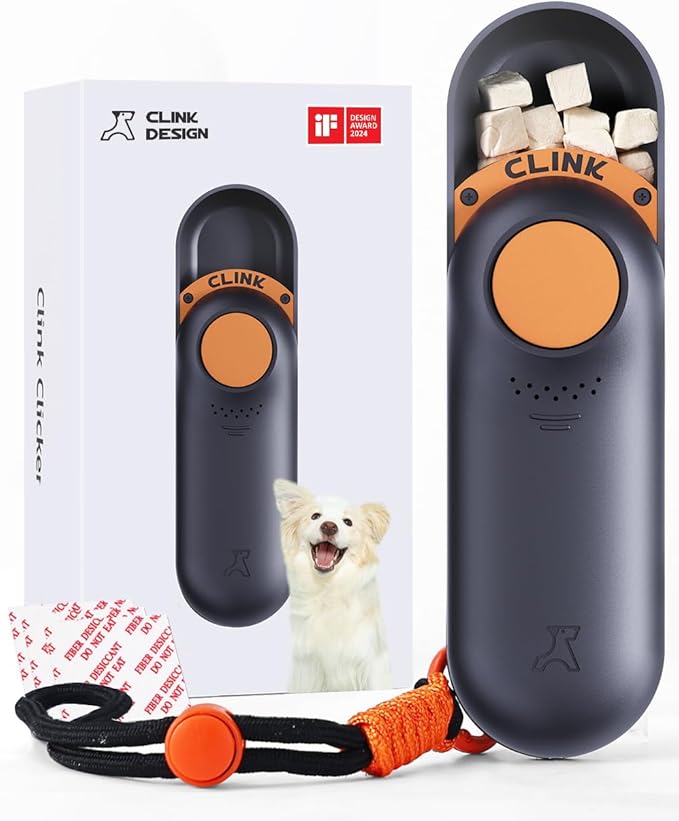 Clink Design Clicker Dog Trainer & Dog Treat Pouch Alternative, Dog Treat Dispenser, Puppy Essentials Dual Use 2 in 1 Dog Clicker for Training - Durable, Light (2.36 oz), Easy to Clean & Handle, Black
