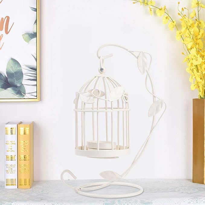Birdcage Candle Holder, Hanging Candle Holder Decorative Bird Cages Bird Cage Decor Vintage Metal Candlestick for Wedding, Party(White)