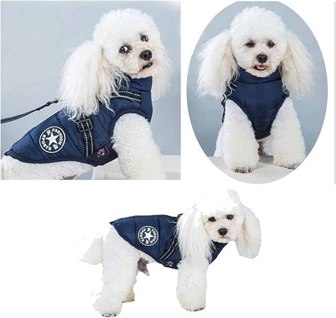 HDKUW Small Dog Jacket, Small Dog Coat Harness Winter Warm Vest Jacket Waterproof Cotton Costume for Puppy Small Dogs (2XL, Blue)