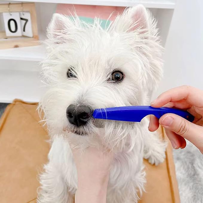 Flea Comb Lice Comb Cat & Dog Pet Grooming Combs Tear Stain Remover Remove Mucus Crust 2-in-1 Metal Round Smooth Teeth Comb Remove Floating Hair Tangles Dander (blue)