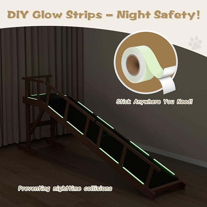 73" Dog Ramp for Bed, Pet Ramp with Removable Side Rail and Non-Slip Surface, Pet Ramp for Small & Large & Senior Dogs with Rest Platform and DIY Glow Strips,Dog Stairs for Couch, Brown