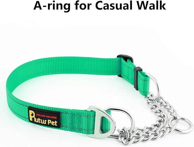 Plutus Pet Martingale Dog Collar with Stainless Steel Chain and Reflective Nylon, Adjustable No Pull Training Collar, for Small Medium, and Large Dogs, Green, L