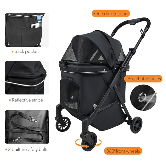Pet Stroller for Small Dogs – No-Zip Deep Seat, Lightweight Compact Dog Stroller for Small Dogs & Cats with Reflective Trim Storage Basket Soft Waterproof Pad,Foldable Universal Coche para Perro