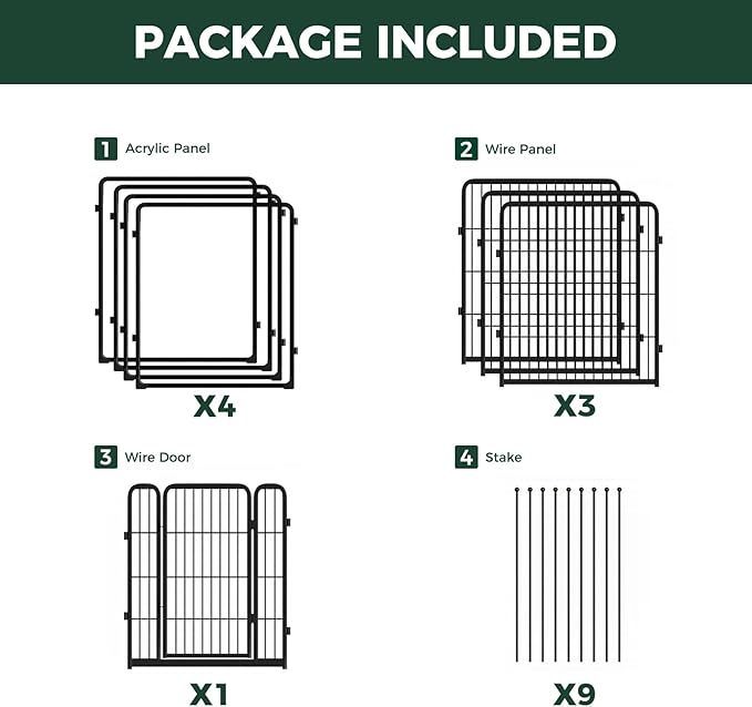 FXW Homeplus Unleashed Indoor Dog Playpen - Stress-Free and Safe Play, Heavy Duty 32 Inch 4 Acrylic Panels + 4 Wire Panels Dog Pen for Small and Medium Dogs, Black│Patented