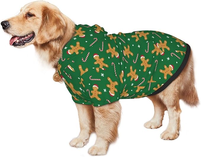 Green Christmas Gingerbread Men Candies Hoodie,Christmas Cosplay Dog Clothes with Pocket and Hat Winter Clothes Sweaters Xx-Large