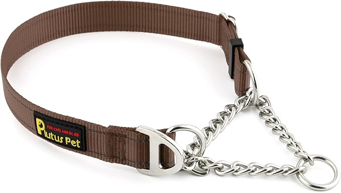 Plutus Pet Martingale Dog Collar with Stainless Steel Chain and Reflective Nylon, Adjustable No Pull Training Collar, for Small Medium, and Large Dogs, Chocolate, M