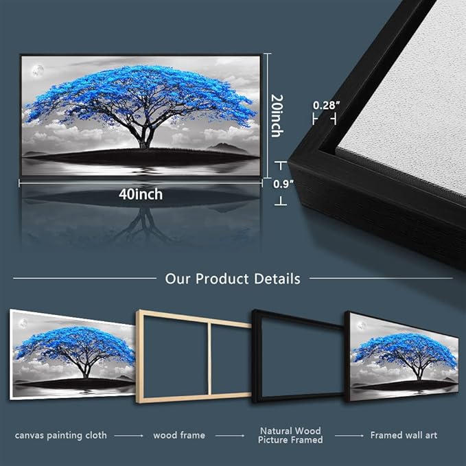 Framed Canvas Wall Art For Living Room Large Size Office Wall Decor Bedroom Decor Wall Pictures Artwork Black And White Landscape Blue Tree Moon Wall Painting Home Decorations Black Frame 20" X 40"