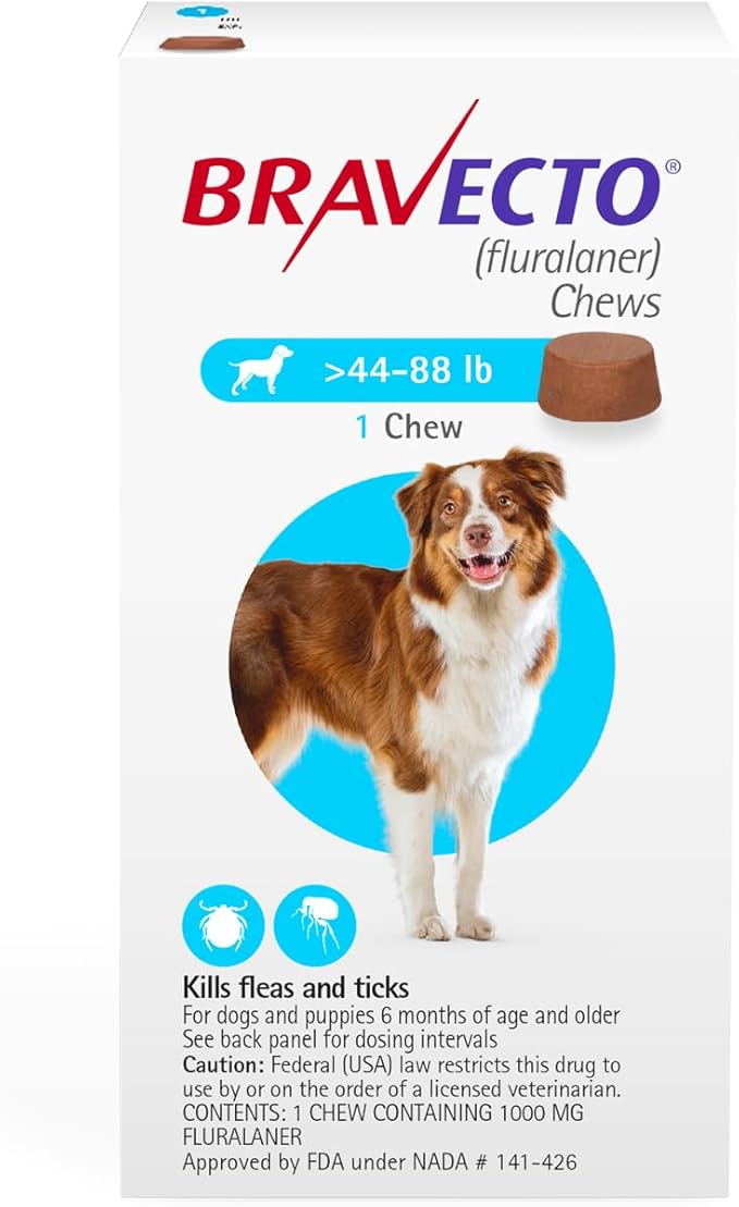 BRAVECTO Chew for Dogs, Flea & Tick, 1 Chew, 12 Week Supply, >44-88 lbs., Blue Box