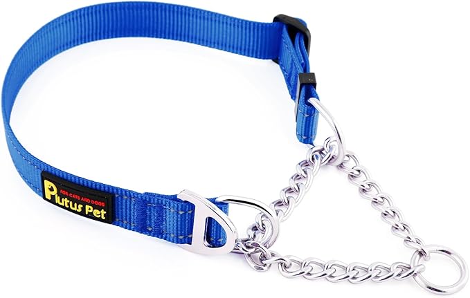 Plutus Pet Martingale Dog Collar with Stainless Steel Chain and Reflective Nylon, Adjustable No Pull Training Collar, for Small Medium, and Large Dogs, Royal Blue, S