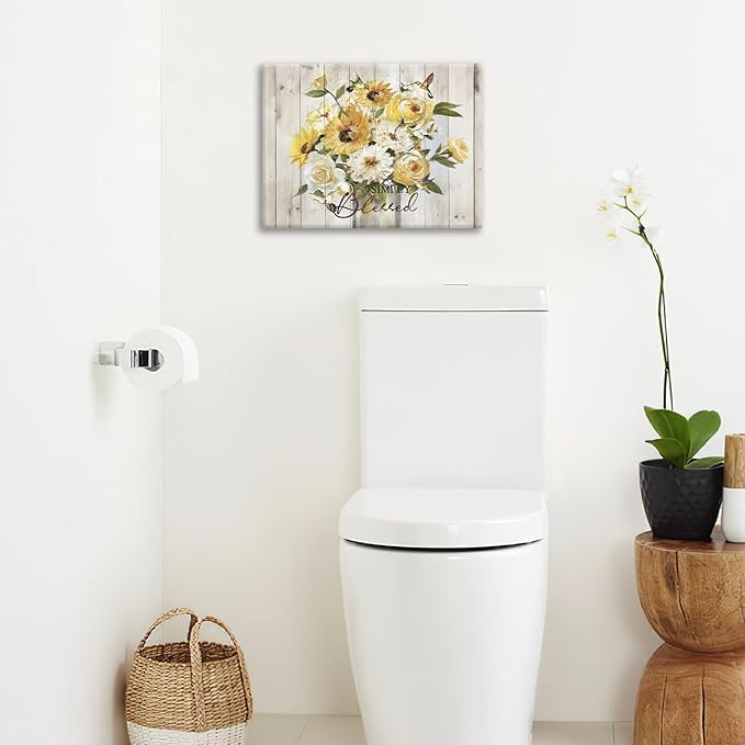 Sunflower Bathroom Pictures Wall Art, Simple Blessed Floral Bathroom Wall Decor, Flower Framed Painting Canvas Artwork for Bedroom Living Room Decorations 16"L x 12"W