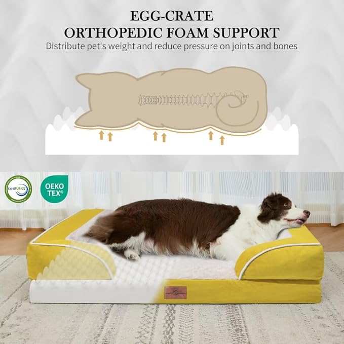 Comfort Expression Waterproof Dog Beds Large Sized Dogs, Large Dog Beds Orthopedic Foam, Comfy Pet Bed Sofa with Washable Removable Cover & Non-Slip Bottom(Spicy Mustard)