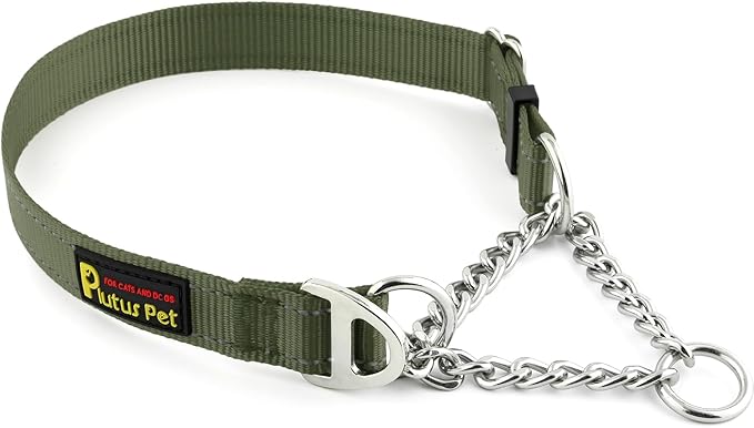 Plutus Pet Martingale Dog Collar with Stainless Steel Chain and Reflective Nylon, Adjustable No Pull Training Collar, for Small Medium, and Large Dogs, Ranger Green, L