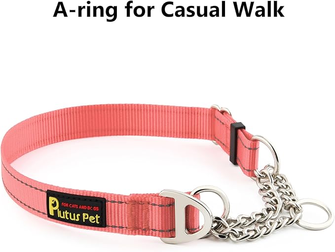 Plutus Pet Martingale Dog Collar with Stainless Steel Chain and Reflective Nylon, Adjustable No Pull Training Collar, for Small Medium, and Large Dogs, Pink, S