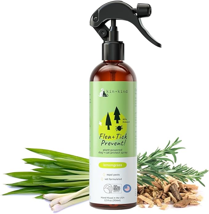kin+kind Plant-Based Flea & Tick Spray for Dogs and Cats with Lemongrass - Essential for Flea & Tick Treatment - Flea Spray for Dogs and Cats - Pet Supplies 12 fl oz